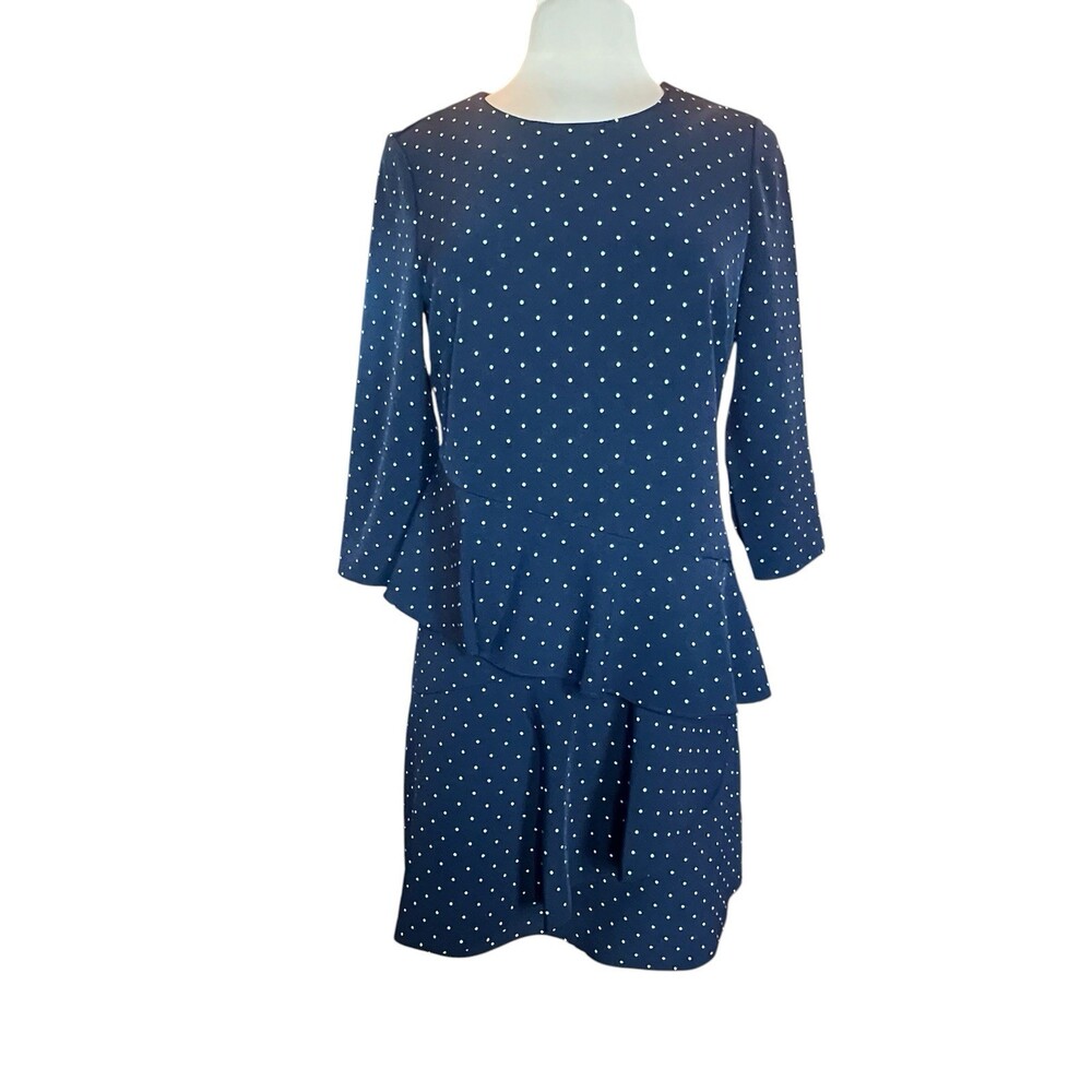 NWT Eliza J Dress Size 12P Petite Navy Blue Polka Dot Church Workwear Classy